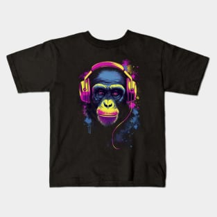 Chimpanzee with Headphones Wearing Police Sunglasses - Cool Synthwave Design Kids T-Shirt